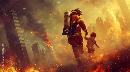 A heroic firefighter saving a child from a blazing inferno, amidst a city skyline. with copy space for text