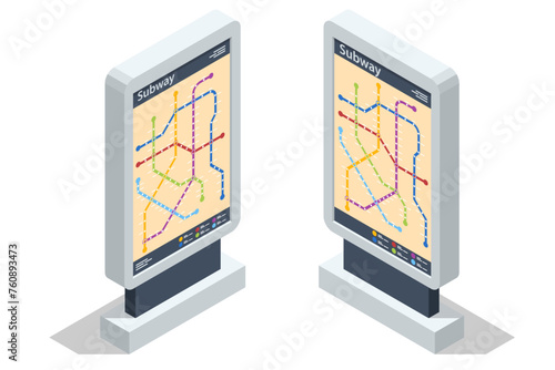 Isometric metro or subway map. Underground way. Fictional metro map. Subway station platform. High speed train.