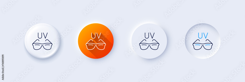 Sunglasses line icon. Neumorphic, Orange gradient, 3d pin buttons. Sun eyewear sign. Uv protection glasses symbol. Line icons. Neumorphic buttons with outline signs. Vector Sunglasses line icon. Neumorphic, Orange gradient, 3d pin buttons. Sun eyewear sign. Uv protection glasses symbol. Line icons. Neumorphic buttons with outline signs. Vector
