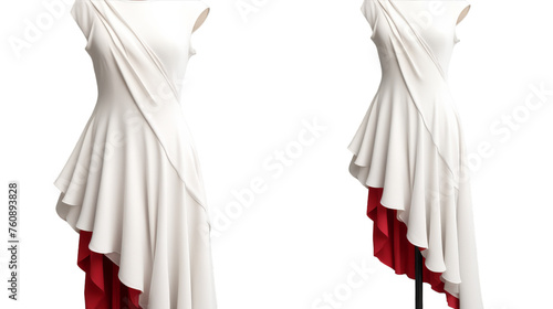 A white and red dress elegantly displayed on a mannequin