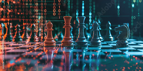 Chess Pieces on Board with Digital Binary Code Background Concept, banner