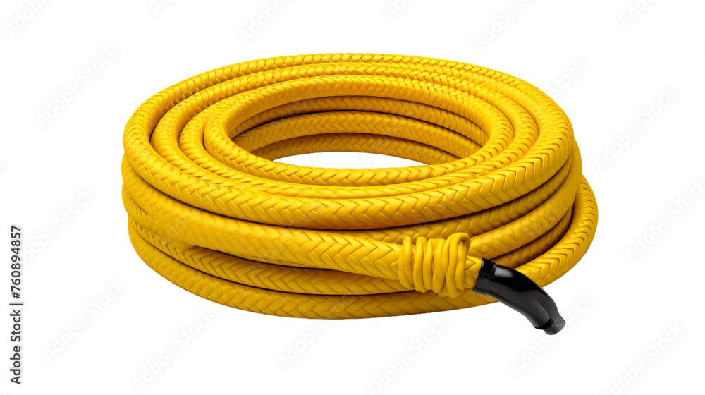 A vibrant yellow hose contrasts with a sleek black handle in a striking display of color and form A vibrant yellow hose contrasts with a sleek black handle in a striking display of color and form