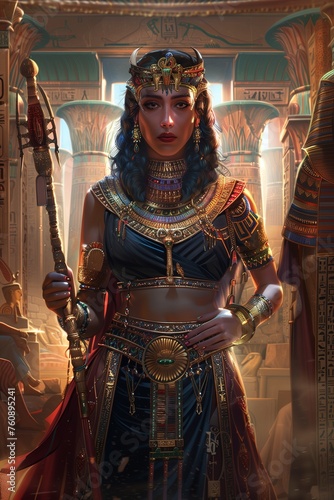A powerful queen in an ancient Egyptian palace, adorned with jewels, holding a scepter.