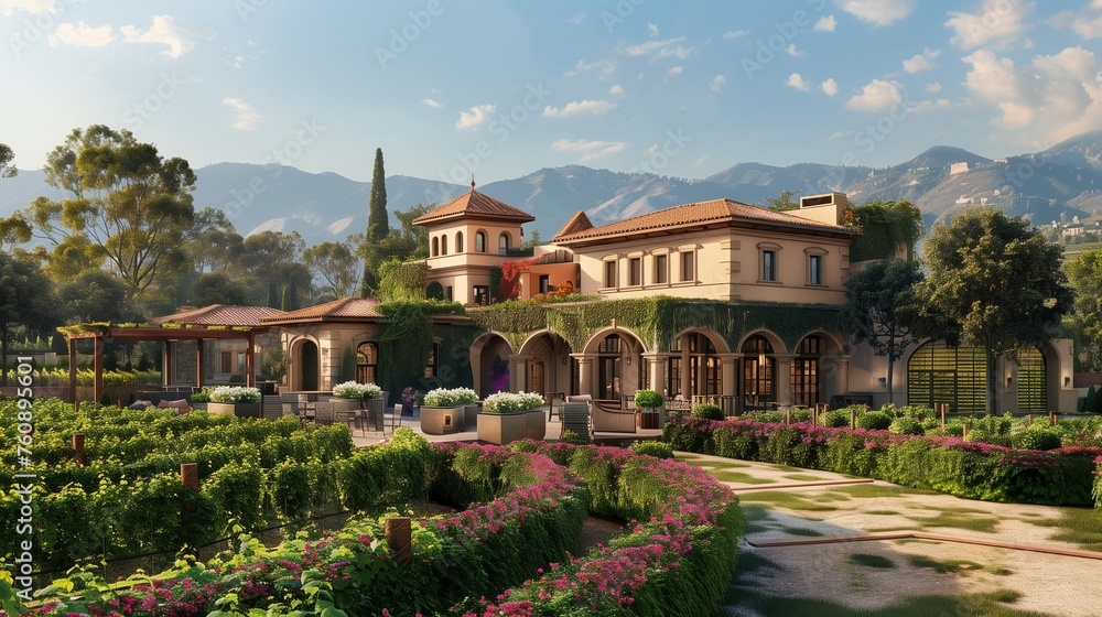 A romantic vineyard estate with a classic villa, sprawling gardens, and a tasting room.