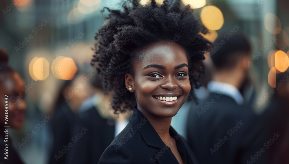 Portrait of beautiful black businesswoman wearing suit and tie smiling in urban background. Woman with afro hairstyle. - obrazy, fototapety, plakaty 