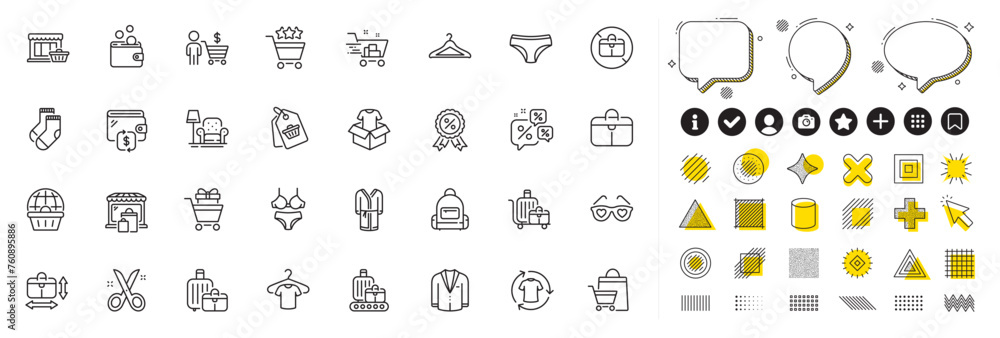 Set of Baggage, T-shirt and Shopping cart line icons for web app. Design elements, Social media icons. Online shopping, Lingerie, Wallet icons. Marketplace, Clothing, Wallet money signs. Vector - obrazy, fototapety, plakaty 
