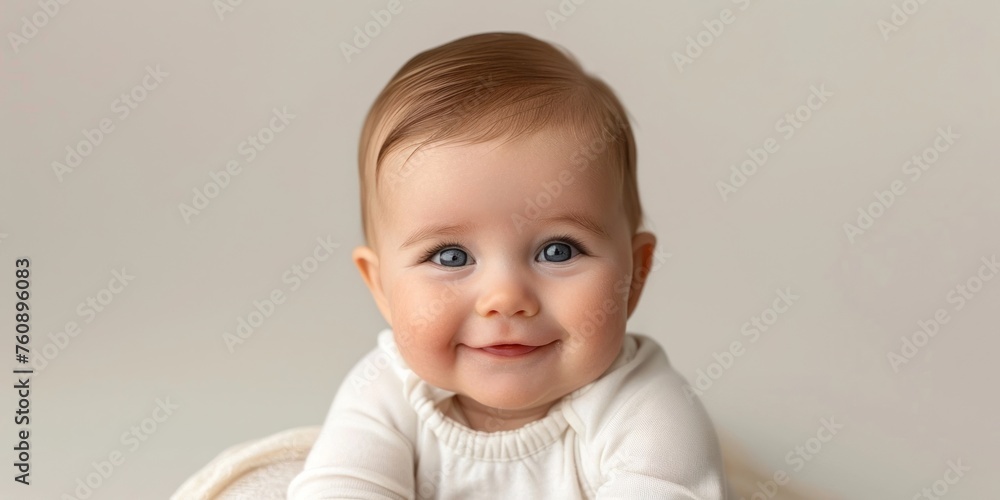 Smiling Baby With Sparkling Blue Eyes Wearing a White Outfit Against a Neutral Background