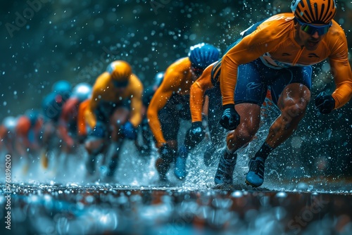 Cyclists Racing in Rain at High Speed © gearstd