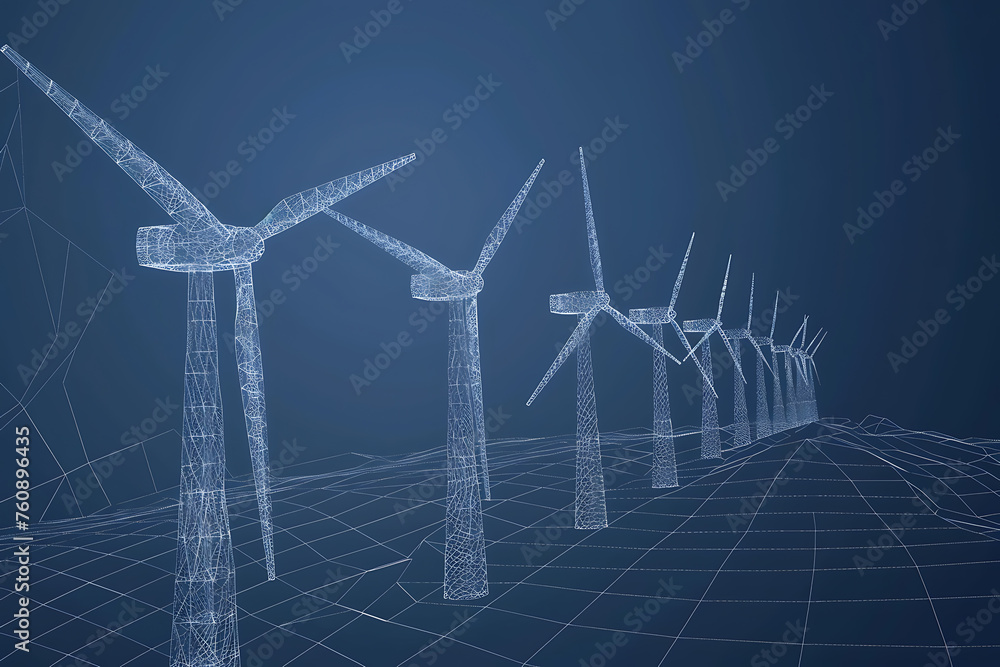 A sleek silhouette logo of wind turbines in wireframe style against a blue background, symbolizing renewable energy and environmental sustainability - obrazy, fototapety, plakaty 