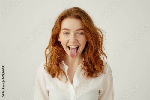 funny woman shows long tongue isolated
