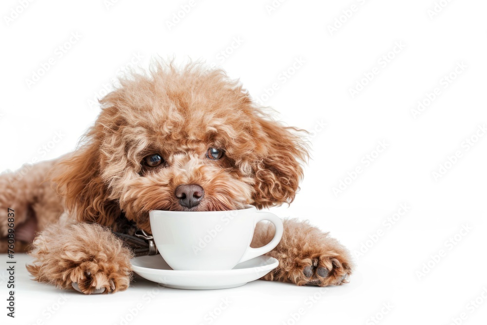 sleepy dog drinks coffee in the morning isolated on a white background sleepy dog drinks coffee in the morning isolated on a white background