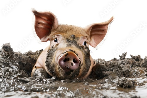 surprised dirty pig with bulging big eyes wallow in the mud isolated on solid white background photo