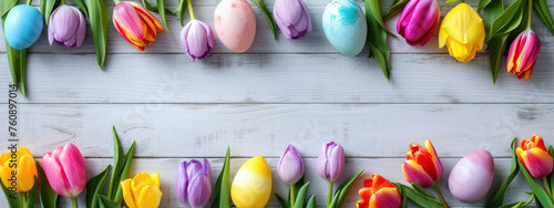 Coloured eggs and coloured tulips on light grey wooden background. Easter style decoration banner. Holiday celebration greeting card. Copy space. Generative AI #760897014