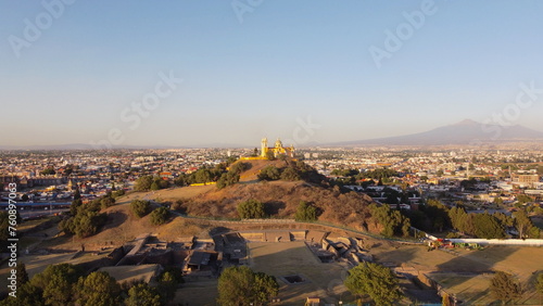 DRONE PHOTOGRAPH OF IGLESIA DEL CERRITO IN SAN ANDRES CHOLULA PUEBLA MEXICO photo