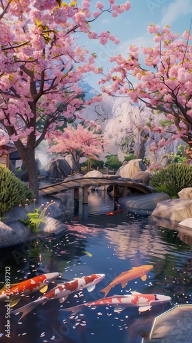 A tranquil Zen garden with cherry blossoms  a koi pond  and a small bridge.