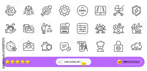 Baby carriage, Filter and Recovery ssd line icons for web app. Pack of Password encryption, Freezing timer, Lgbt pictogram icons. Divider document, Time management, Cooking chef signs. Vector