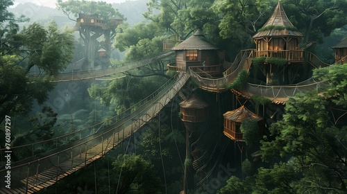 A treehouse community in a lush forest, connected by suspension bridges.