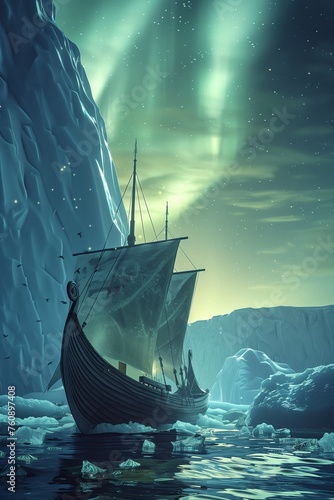 A Viking longship navigating through towering icebergs under the northern lights. ship in the sea at night