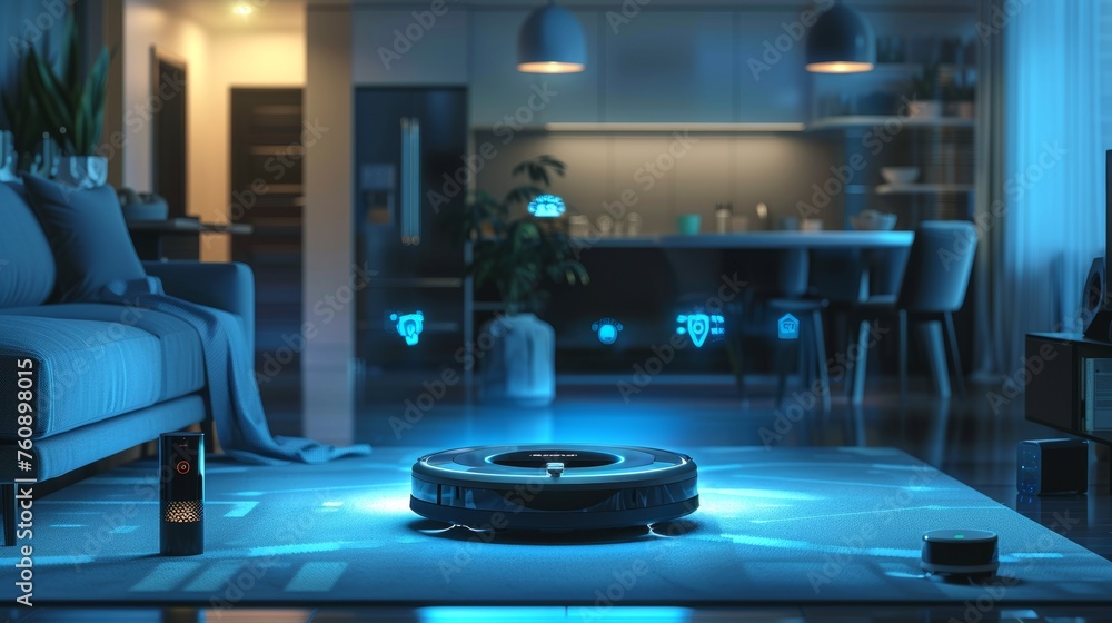 Sleek robot vacuum cleaning a glossy home interior. Futuristic home maintenance in an elegant setting. Concept of advanced technology, smart living, and efficient home care.