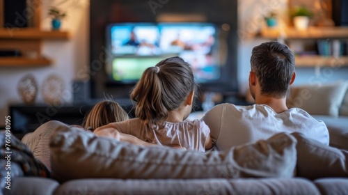 Back view of a relaxed family sitting on the sofa watching TV in the living room, enjoying a cozy movie night.