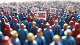 Miniature colorful figures with VOTE signs in a crowd. Tiny individuals in a crowd holding voting placards. Concept of elections, civic duty, collective action, and the power of the vote.
