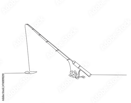 Continuous Line Drawing Of Fishing Rod. One Line Of Fishing Equipment. Fishing Rod Continuous Line Art. Editable Outline.