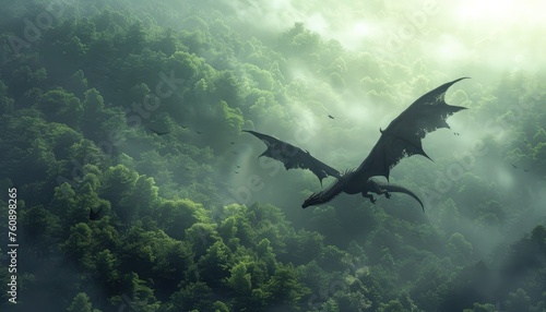 A menacing black dragon soars above a misty forest, with a tiny baby dragon beside it 🐉✨ Awe and wonder in the dragons' world!  MysticalFlight © Elzerl