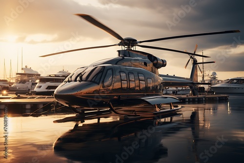 Modern helicopter on the pier at sunset. 3D Rendering.