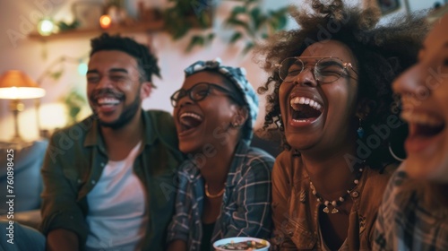 A close group of friends share a candid moment of laughter and joy in a cozy home setting, enjoying each other's company.