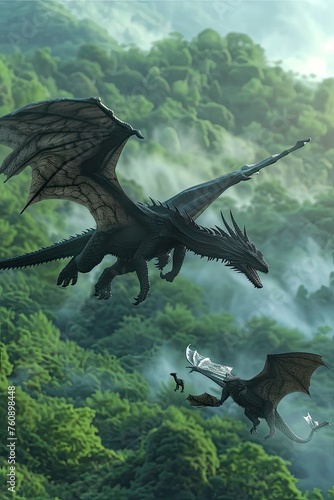 A majestic black dragon soars over a misty, lush forest with a baby dragon by its side 🐉✨ Capturing the bond and beauty of their natural world! #DragonFlight