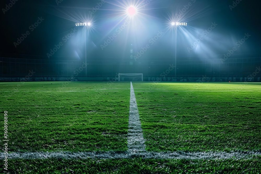 Stadium spotlight shining down on an empty football field at night Creating a dramatic and anticipation-filled atmosphere for sporting events.