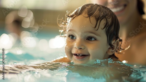 A joyful baby smiles while learning to swim with the mother's support in an indoor pool, depicting a happy family moment. photo