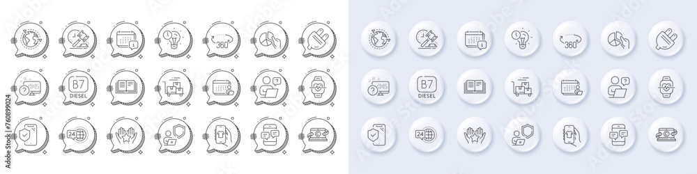 Time management, Education and Auction hammer line icons. White pin 3d buttons, chat bubbles icons. Pack of Pie chart, 24h service, Copywriting notebook icon. Vector Time management, Education and Auction hammer line icons. White pin 3d buttons, chat bubbles icons. Pack of Pie chart, 24h service, Copywriting notebook icon. Vector