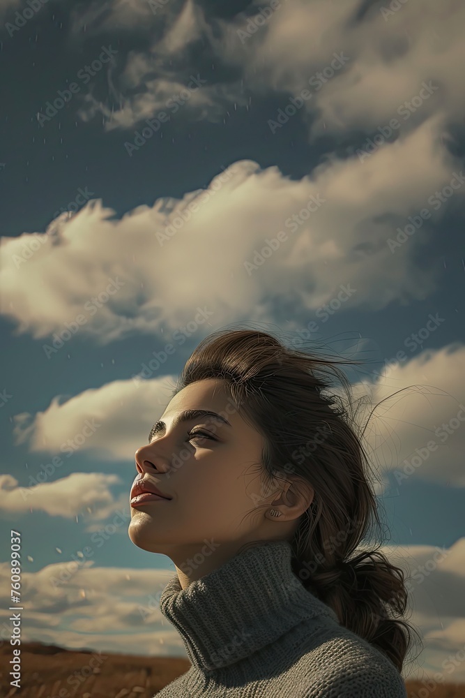 A serene woman gazes away, under gentle clouds, evoking peace and tranquility 🌥️✨ Subtle details in the landscape add depth to the scene.