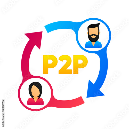 Peer to peer trading. P2P lending. Cryptocurrency. Virtual transaction between two users. Modern style. Vector illustration.