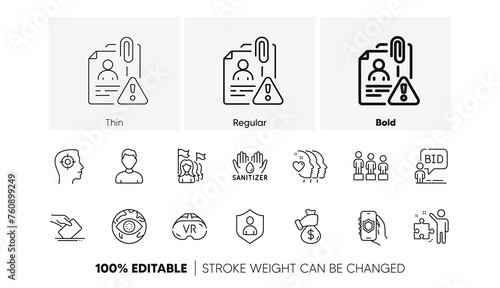 Bribe, Feminism and Auction line icons. Pack of Friends couple, Search employee, Security app icon. Vr, Strategy, Security pictogram. Cyber attack, Hand sanitizer, Equality. Headshot. Vector