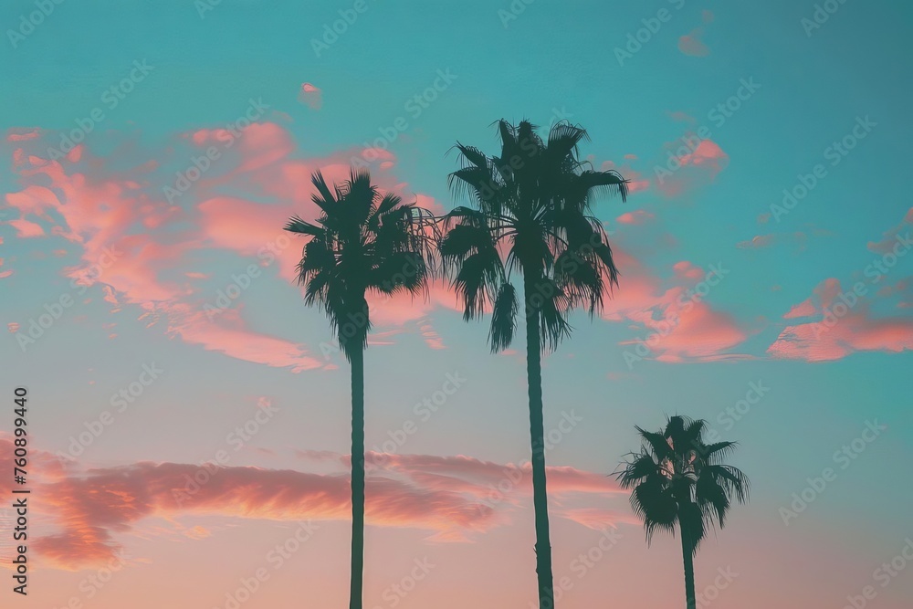 Sun-kissed Palm trees Shadows Pastel Blue Pink sky Serene Evening Vibe Sunset Tranquil Nature Tropical Dusk Scenic Peaceful Landscape Twilight Calm Beauty