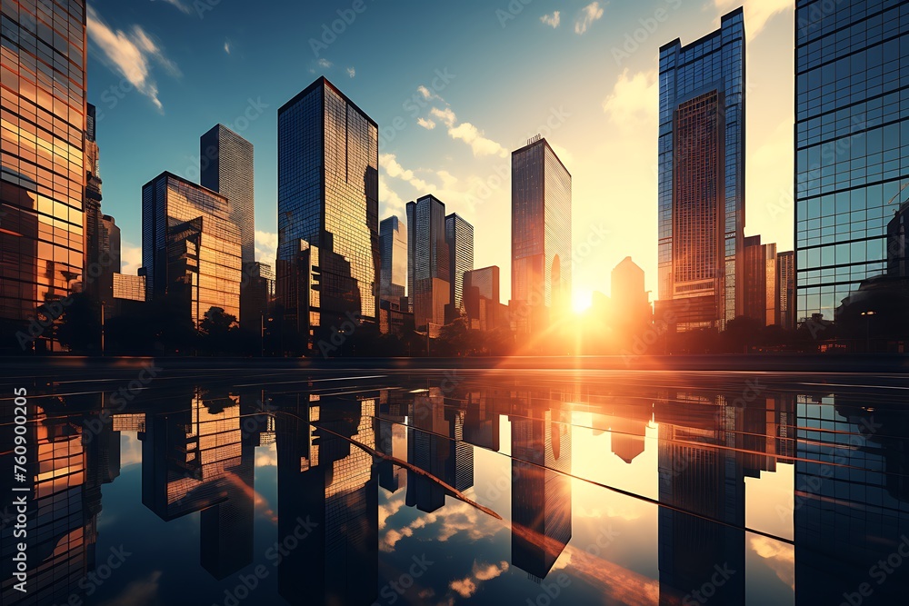 Cityscape of modern business district at sunset with reflection