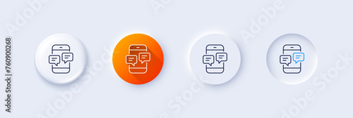 Phone Message line icon. Neumorphic, Orange gradient, 3d pin buttons. Mobile chat sign. Conversation or SMS symbol. Line icons. Neumorphic buttons with outline signs. Vector photo