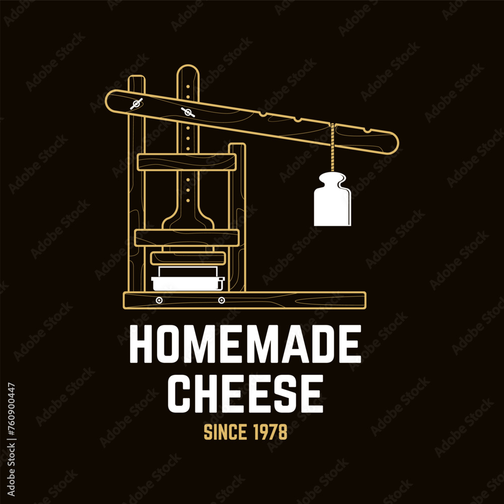 Homemade cheese badge design. Template for logo, branding design with cheese molds and press. Vector illustration. Hand crafted product cheese