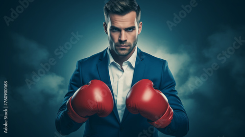 A man in a business suit, a businessman in boxing gloves concept of a strong businessman ready to fight © Alina Zavhorodnii