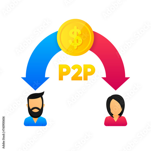 Peer to peer trading. P2P lending. Cryptocurrency. Virtual transaction between two users. Modern style. Vector illustration.