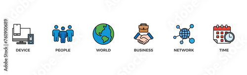 Internet of things banner web icon vector illustration concept with icon of device, people, world, business, network and time