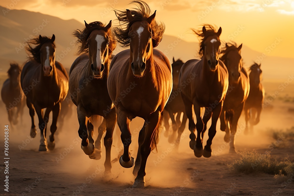 Horses running in the desert at sunset. 3D illustration. Horses running in the desert at sunset. 3D illustration.
