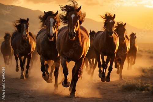 Horses running in the desert at sunset. 3D illustration.