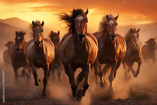 Horses running in the desert at sunset. 3D illustration.