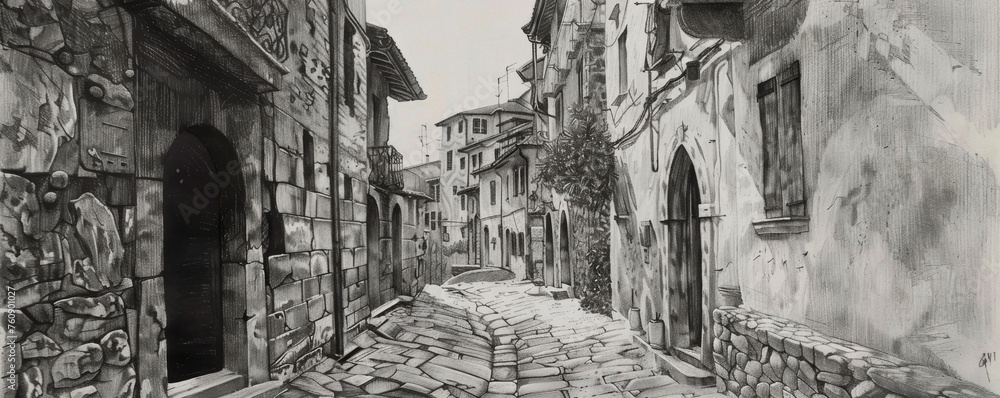 A detailed black and white drawing of a charming cobblestone street, showcasing the unique textures and patterns of the stones under the play of light and shadow. Banner. Copy space