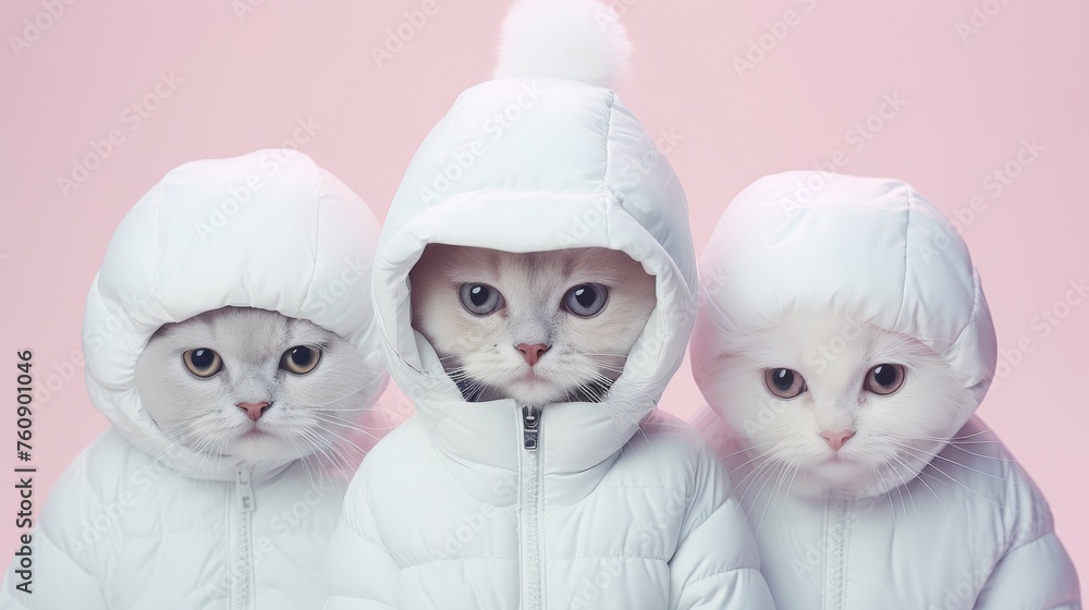 Group of Cats in White Coats on Pink Background