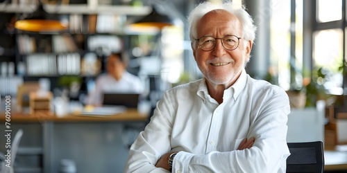 Older business executive smiling confidently in modern office setting midshot . Concept Business Portrait, Senior Executive, Confident Smile, Modern Office, Midshot