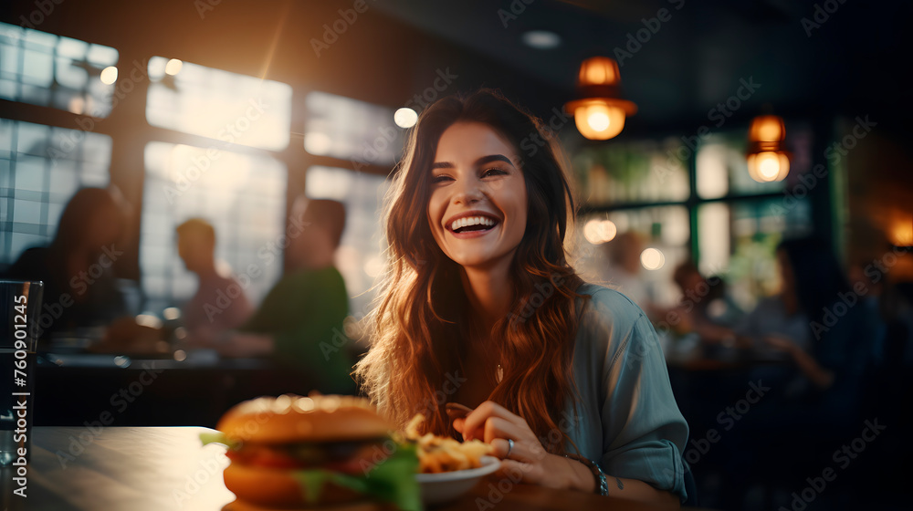 happy woman while eating a hamburger, happy woman at restaurant - obrazy, fototapety, plakaty 